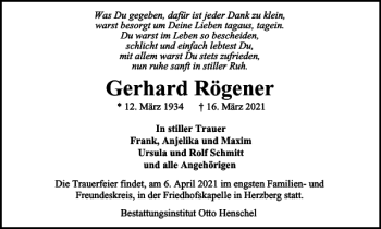 Traueranzeige von Gerhard Rögener von Harz Kurier