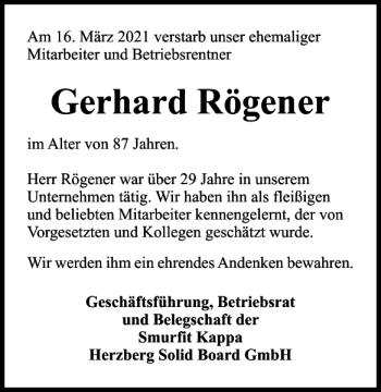 Traueranzeige von Gerhard Rögener von Harz Kurier