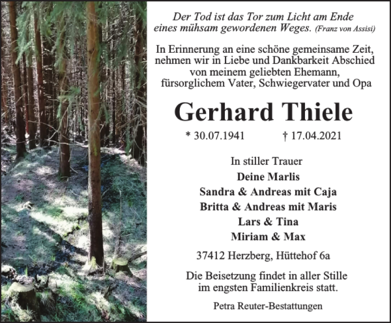  Traueranzeige für Gerhard Thiele vom 24.04.2021 aus Harz Kurier