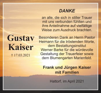 Traueranzeige von Gustav Kaiser von Harz Kurier