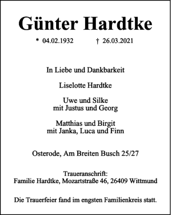 Traueranzeige von Günter Hardtke von Harz Kurier