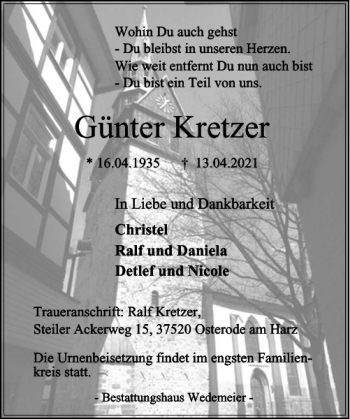 Traueranzeige von Günter Kretzer von Harz Kurier
