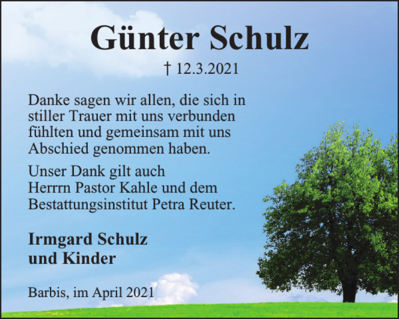  Traueranzeige für Günter Schulz vom 10.04.2021 aus Harz Kurier