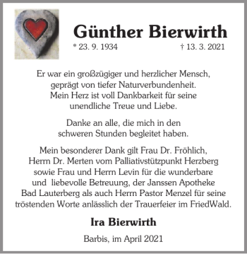 Traueranzeige von Günther Bierwirth von Harz Kurier