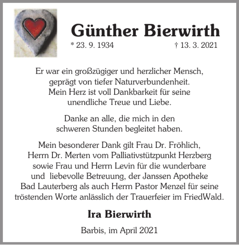  Traueranzeige für Günther Bierwirth vom 10.04.2021 aus Harz Kurier