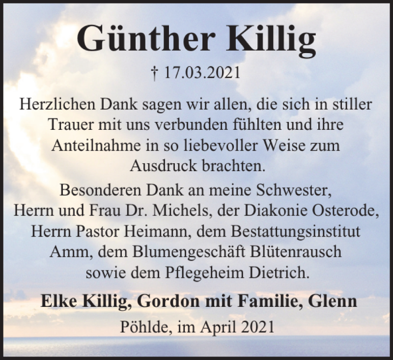  Traueranzeige für Günther Killig vom 03.04.2021 aus Harz Kurier