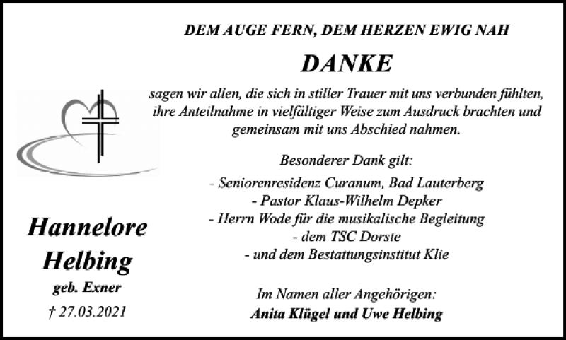  Traueranzeige für Hannelore Helbing vom 30.04.2021 aus Harz Kurier