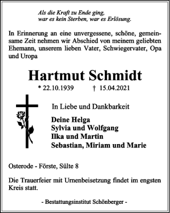 Traueranzeige von Hartmut Schmidt von Harz Kurier