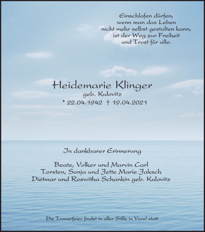  Traueranzeige für Heidemarie Klinger vom 24.04.2021 aus Harz Kurier