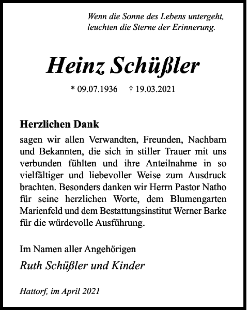  Traueranzeige für Heinz Schüßler vom 10.04.2021 aus Harz Kurier