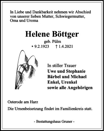 Traueranzeige von Helene Böttger von Harz Kurier