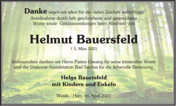 Traueranzeige von Helmut Bauersfeld von Harz Kurier