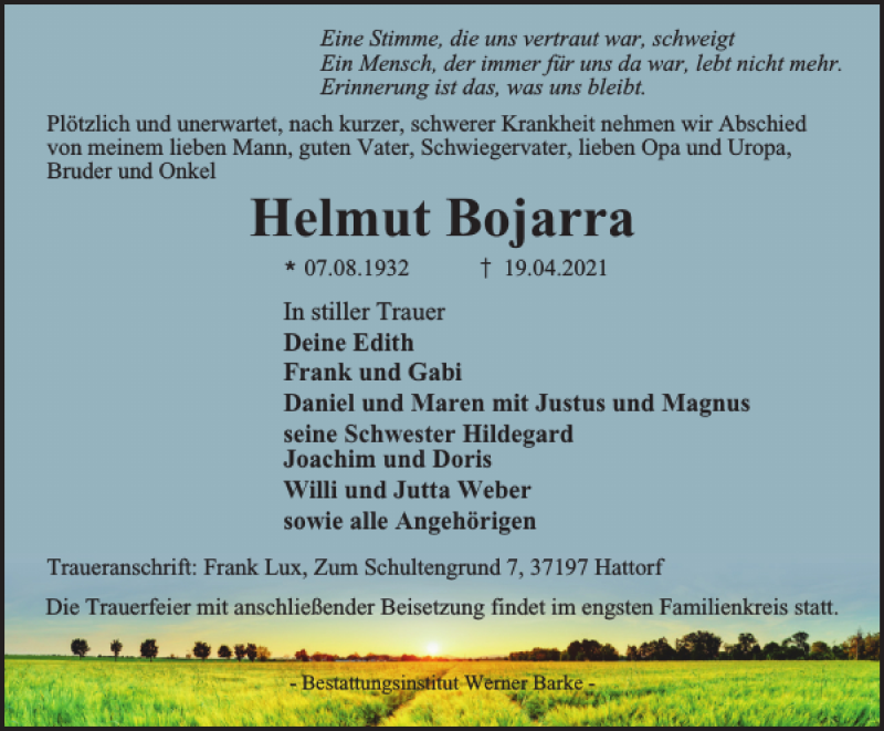  Traueranzeige für Helmut Bojarra vom 22.04.2021 aus Harz Kurier
