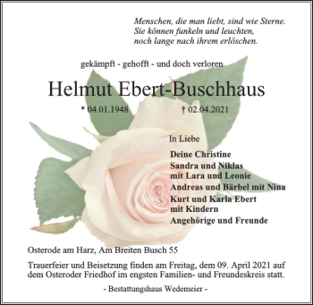 Traueranzeige von Helmut Ebert-Buschhaus von Harz Kurier