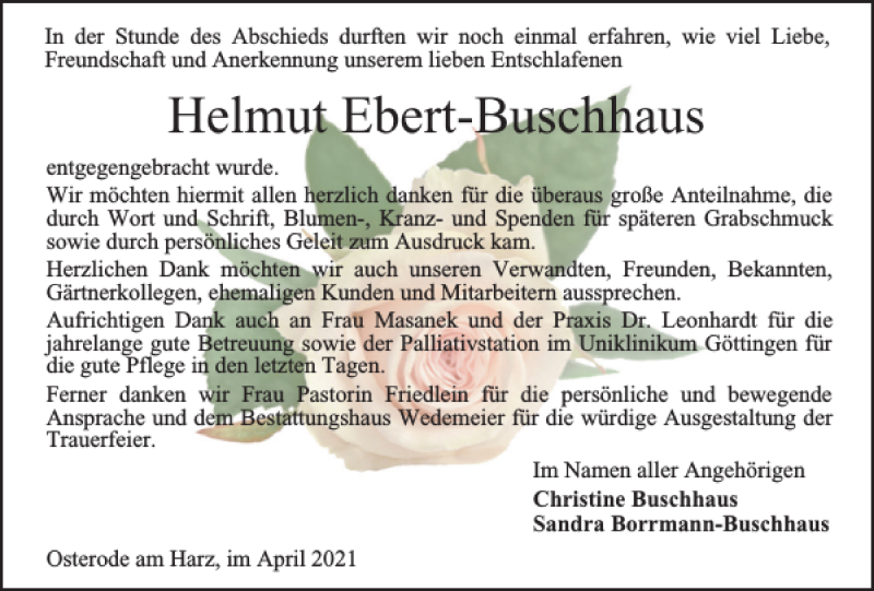  Traueranzeige für Helmut Ebert-Buschhaus vom 24.04.2021 aus Harz Kurier