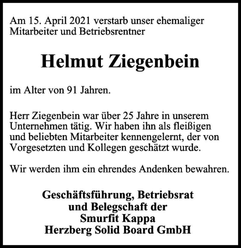  Traueranzeige für Helmut Ziegenbein vom 24.04.2021 aus Harz Kurier