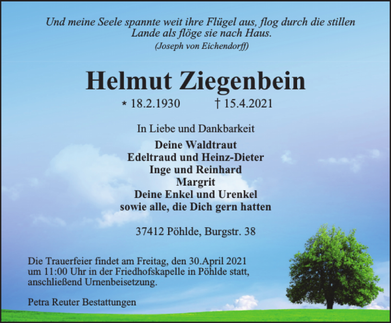  Traueranzeige für Helmut Ziegenbein vom 24.04.2021 aus Harz Kurier