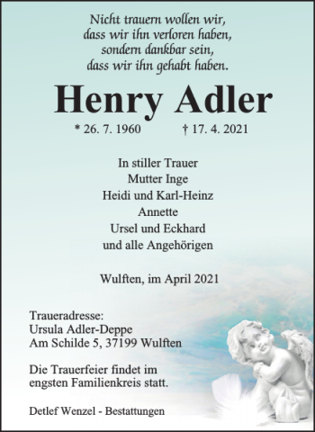 Traueranzeige von Henry Adler von Harz Kurier