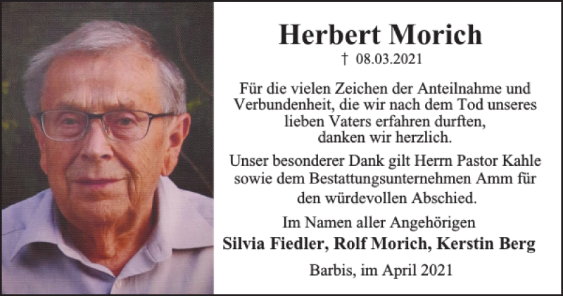  Traueranzeige für Herbert Morich vom 03.04.2021 aus Harz Kurier