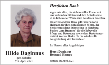 Traueranzeige von Hilde Daginnus von Harz Kurier