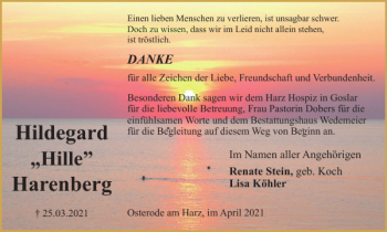 Traueranzeige von Hildegard Harenberg von Harz Kurier