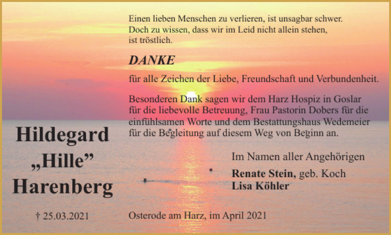  Traueranzeige für Hildegard Harenberg vom 24.04.2021 aus Harz Kurier