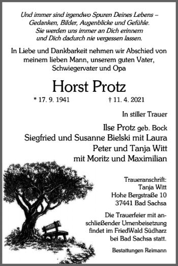 Traueranzeige von Horst Protz von Harz Kurier
