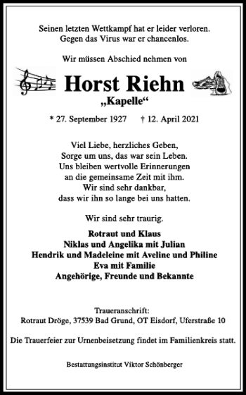 Traueranzeige von Horst Riehn von Harz Kurier