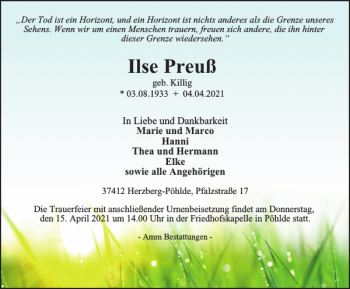Traueranzeige von Ilse Preuß von Harz Kurier