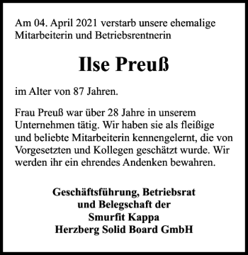 Traueranzeige von Ilse Preuß von Harz Kurier