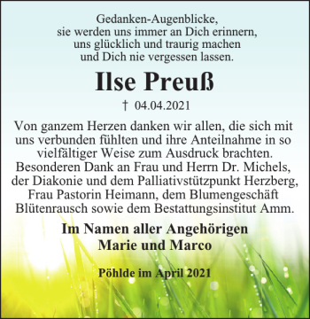 Traueranzeige von Ilse Preuß von Harz Kurier