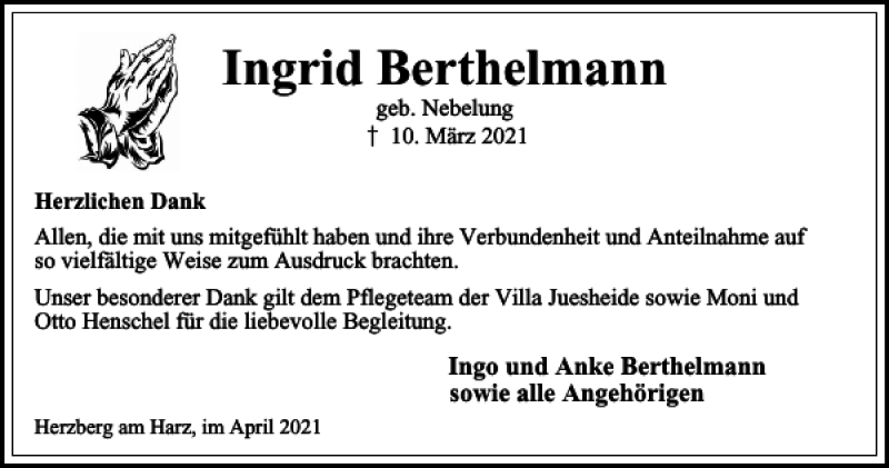 Traueranzeige für Ingrid Berthelmann vom 10.04.2021 aus Harz Kurier