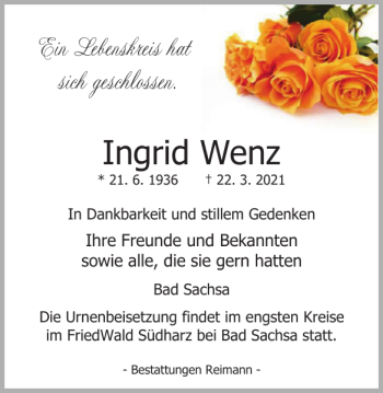 Traueranzeige von Ingrid Wenz von Harz Kurier