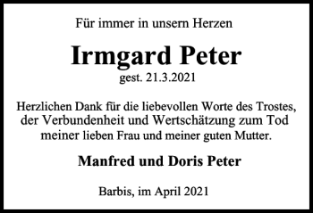 Traueranzeige von Irmgard Peter von Harz Kurier