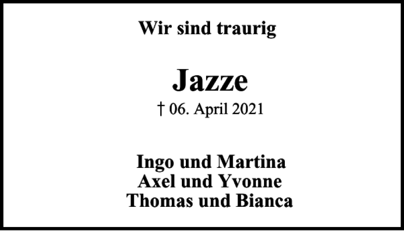  Traueranzeige für Jazze  vom 13.04.2021 aus Harz Kurier