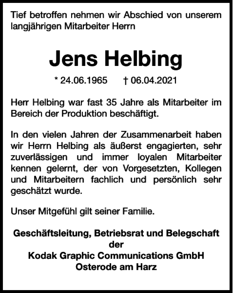  Traueranzeige für Jens Helbing vom 13.04.2021 aus Harz Kurier