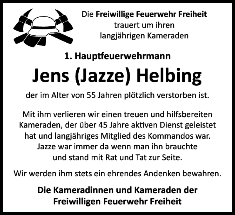  Traueranzeige für Jens Jazze Helbing vom 13.04.2021 aus Harz Kurier