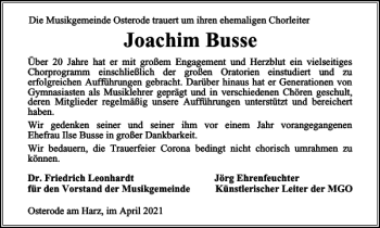 Traueranzeige von Joachim Busse von Harz Kurier