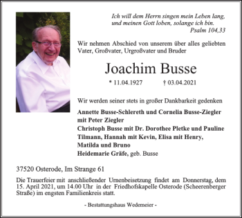 Traueranzeige von Joachim Busse von Harz Kurier