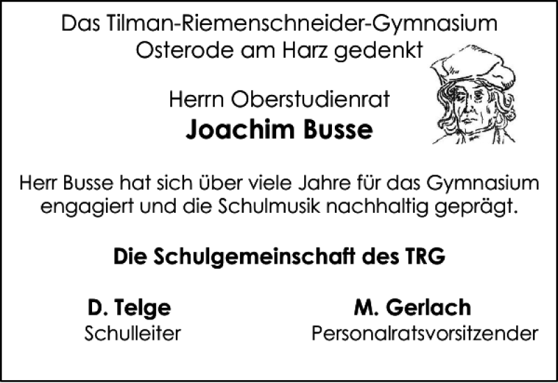 Traueranzeige für Joachim Busse vom 20.04.2021 aus Harz Kurier