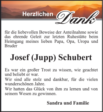 Traueranzeige von Josef Jupp Schubert von Harz Kurier