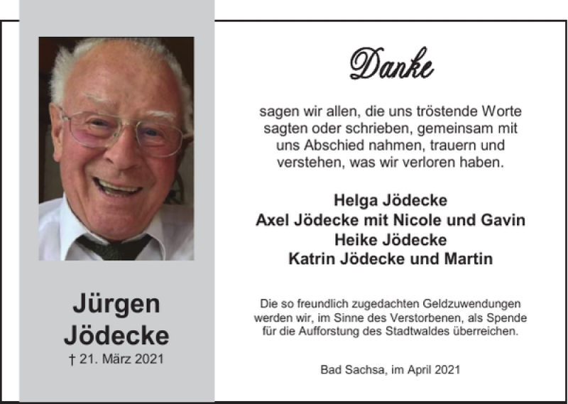  Traueranzeige für Jürgen Jödecke vom 24.04.2021 aus Harz Kurier