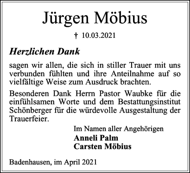  Traueranzeige für Jürgen Möbius vom 17.04.2021 aus Harz Kurier