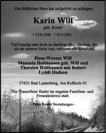 Traueranzeige von Karin Will von Harz Kurier