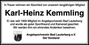 Traueranzeige von Karl-Heinz Kemmling von Harz Kurier