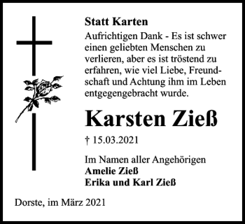 Traueranzeige von Karsten Zieß von Harz Kurier
