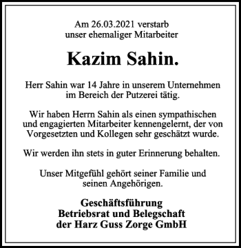 Traueranzeige von Kazim Sahin von Harz Kurier