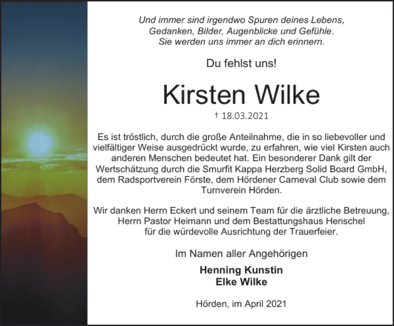  Traueranzeige für Kirsten Wilke vom 17.04.2021 aus Harz Kurier