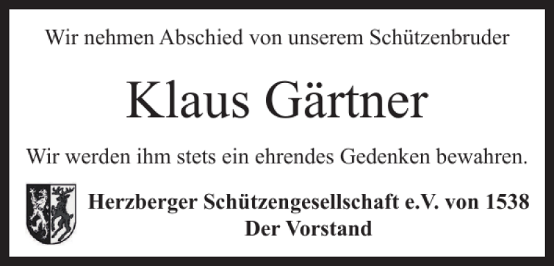  Traueranzeige für Klaus Gärtner vom 27.04.2021 aus Harz Kurier