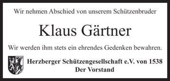Traueranzeige von Klaus Gärtner von Harz Kurier